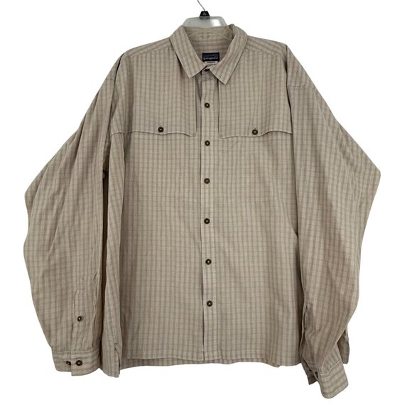 Patagonia Shirt Men's XXL Button-Up‎ Long Sleeve Vented Back Pockets Plaid Beige - Picture 1 of 13